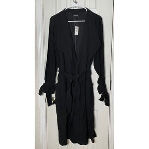 Express Womens Black Draped Duster Trench Coat Tie Cuff Belted Jacket L NWT